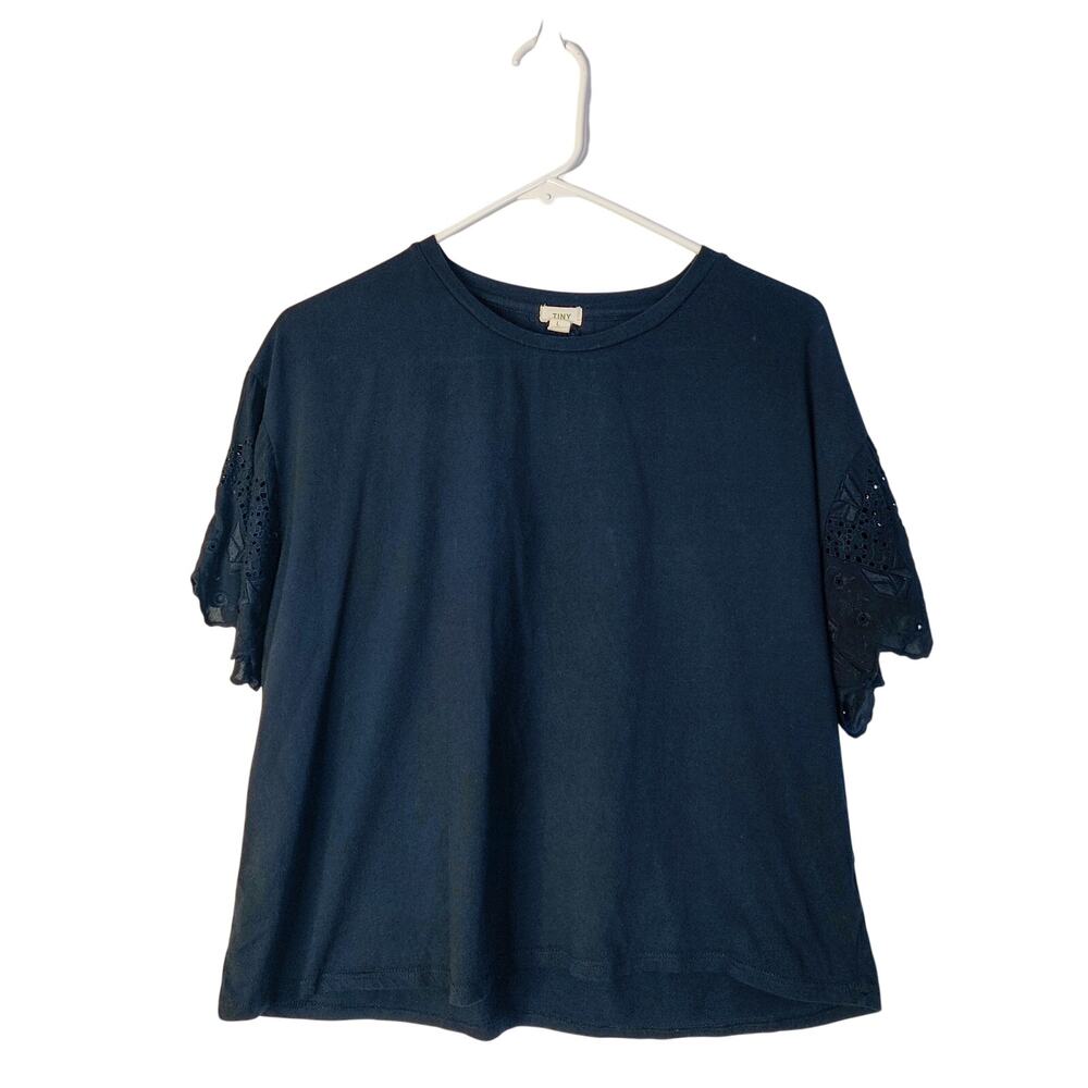 Anthropologie Tiny Black Embroidered Eyelet Short Sleeve Shirt Large Minimalist